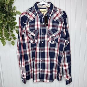 Coastal Men Sz L Button Up Shirt Large Red Navy Plaid Flannel Long Sleeve Collar